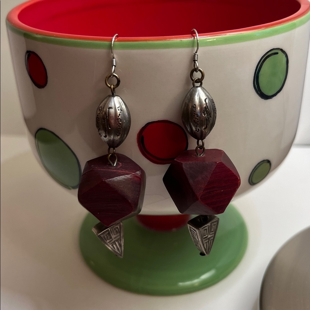 Vintage Silver and Deep Red Wood Earrings